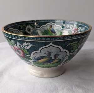 Antique PV France Pleasant Village Blue Floral Birds Open Sugar Footed Bowl